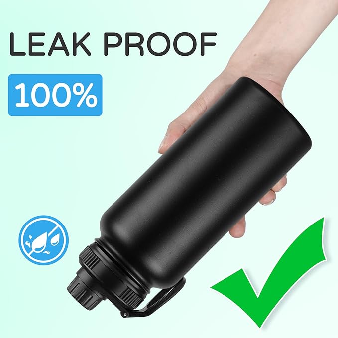 DOMICARE 32 oz Insulated Water Bottle Bulk, Vacuum Insulated Stainless Steel Sports Water Bottle with Straw Lid & Spout Lid, Leakproof, Reusable - Travel, Camping, Bike, Black (8 Pack)