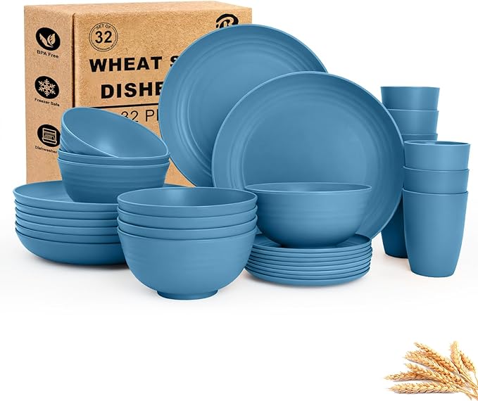 Dinnerware Sets for 8, Wheat Straw Bowls and Plates Set, Microwave and Dishwasher Safe Dish Sets 32 PCS, Unbreakable & Lightweight Camping Plates Cups and Bowls Set for Kitchen - Blue