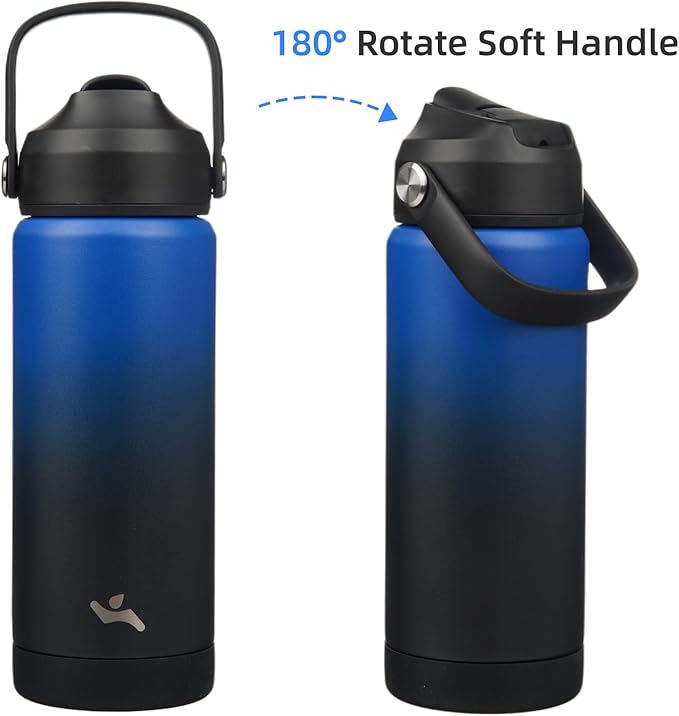 Insulated Water Bottle with Straw Lid,18 oz Stainless Steel Vacuum Metal Bottle with Silicone Handle,Black Blue