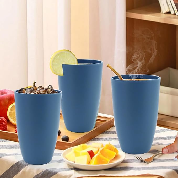 Wheat Straw Cups Large Drinking Cups Set of 6-20 OZ Large Capacity Plastic Tumblers Unbreakable Glasses Drinking Microwave and Dishwasher Safe Kitchen Water Glasses - Blue