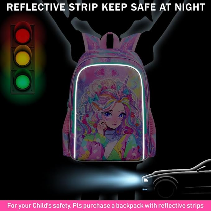 CCJPX 3PCS Backpack for Girls, 16" Unicorn Water Resistant Preschool Bookbag with Lunch Box, Kids Princess School Bags for Elementary Kindergarten Toddler