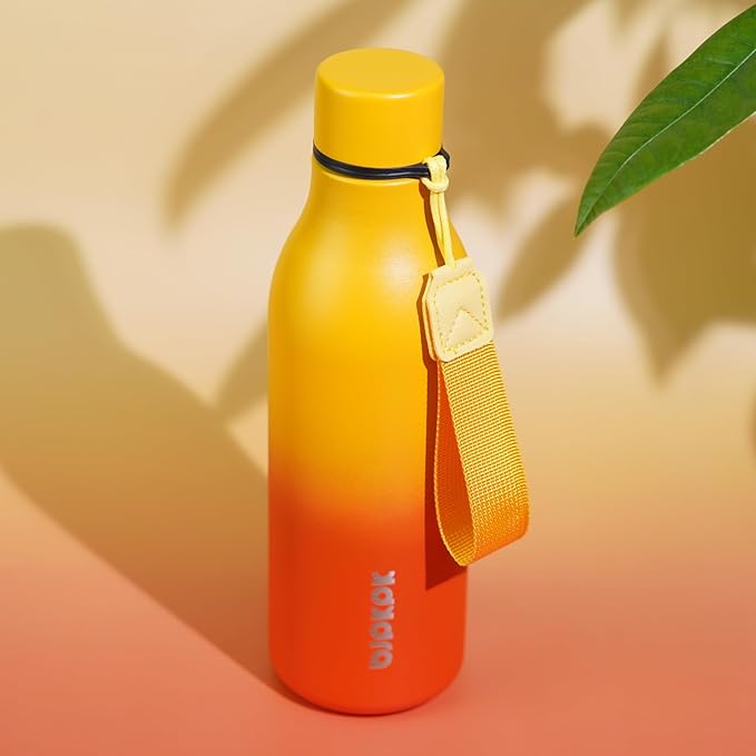 BJPKPK Insulated Water Bottles, 18 oz Stainless Steel Metal Water Bottle with Strap, BPA Free Leak Proof Thermos, Mugs, Flasks, Reusable Water Bottle for Sports & Travel, Sunset Orange