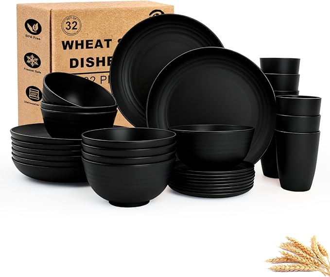 Wheat Straw Dinnerware Sets for 8,Plastic Plates and Bowls Sets 32-Piece, Unbreakable & Lightweight Dish Set, Camping Plates, Cereal Bowls, Cup Sets for Kitchen, Apartment Essentials - Black