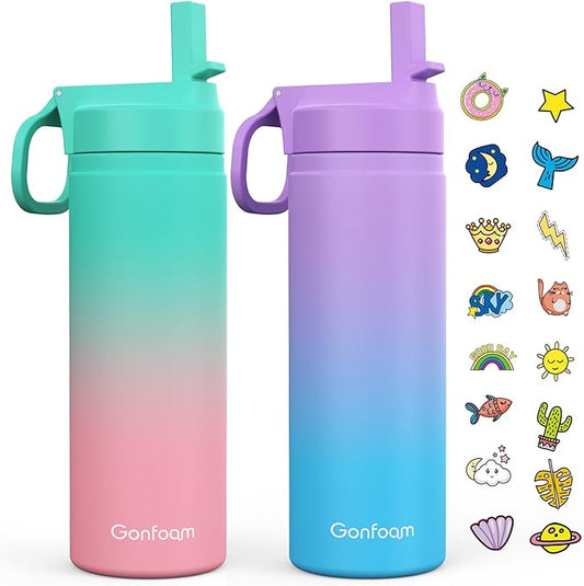 Kids Water Bottle, 2-Pack 20oz Water Bottles with Stickers and Straw, Stainless Steel Vacuum Insulated cup, Kids Water Bottle for School, Gifts for Boys and Girls(Purple/Green)
