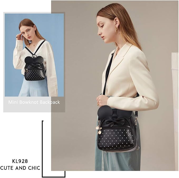 KL928 Girls Mini Backpack Bowknot Polka Dot Cute Small Daypacks Convertible Shoulder Bag Purse for Women