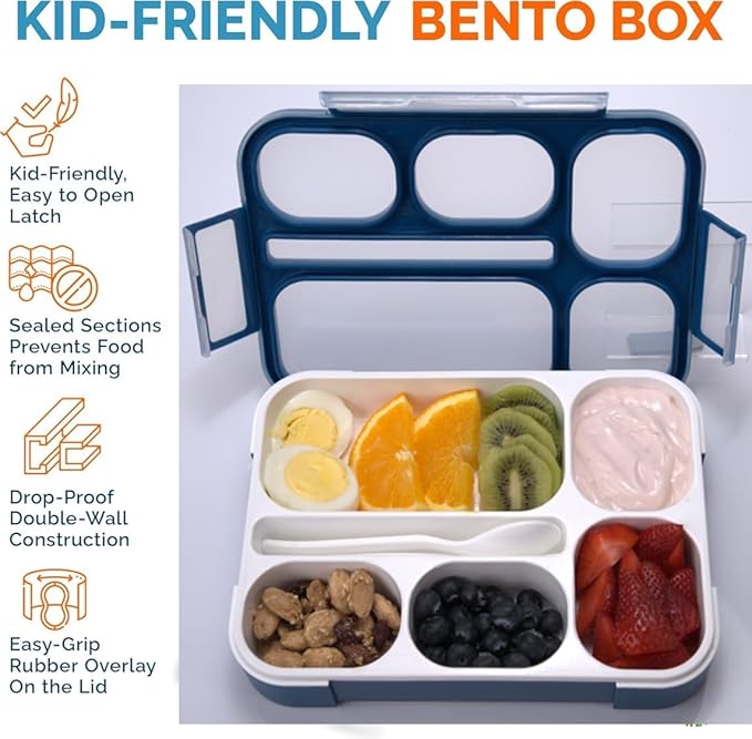 Bento Lunch Box with Insulated Bag and Ice Pack Set. 6 Divided Compartments, Containers for School, Work Daycare Lunches Snacks, Kids and Adults BPA Free, Easy to Carry, Durable Kits, Navy Blue