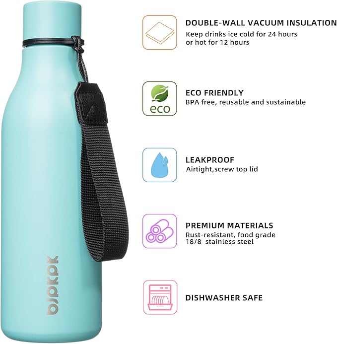 BJPKPK Insulated Water Bottles, 18 oz Stainless Steel Metal Water Bottle with Strap, BPA Free Leak Proof Thermo, Mugs, Flasks, Reusable Water Bottle for Sports & Travel, Turquoise
