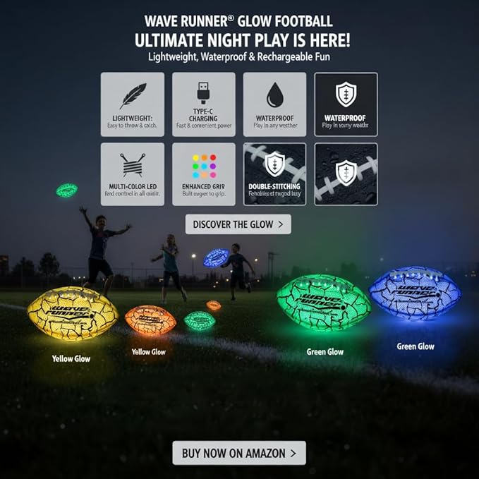 Wave Runner Glow in The Dark Junior Size Waterproof LED Football for Kids, Teens & Adults – Color-Changing Light Up Football with Type-C Rechargeable Design & Pump Included