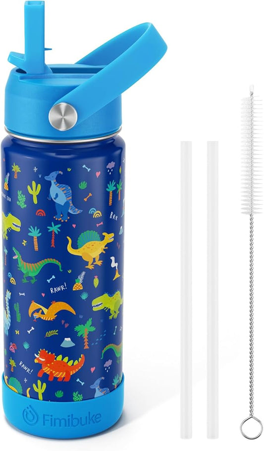 Fimibuke Kids Insulated Water Bottle, 18oz BPA FREE 18/8 Stainless Steel Kid Cup with Straw Travel Tumbler Double Wall Vacuum Leak Proof Toddler Water Bottle for School Boy Girl(1 Pack,Blue Dinosaur)