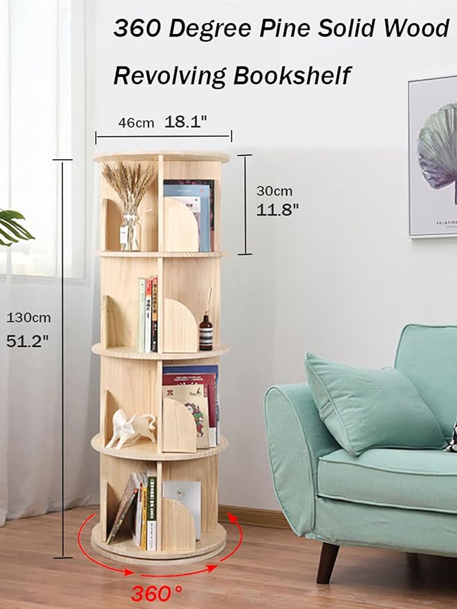 Rotating Bookshelf 360 Degrees, 4 Tier Stackable Solid Wood Bookshelf Organizer, Storage Display Rack Floor Standing Bookcase for Kids&Adults (51"x17.32"x17.32")