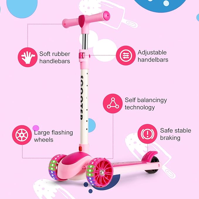 LENOGE Kids Scooter, Toddler Scooter with 3 Flashing LED Big PU Wheels Kick Scooter for Kids Folding Adjustable Height Kick Scooter Toys for Ages 3-6 Boys Girls