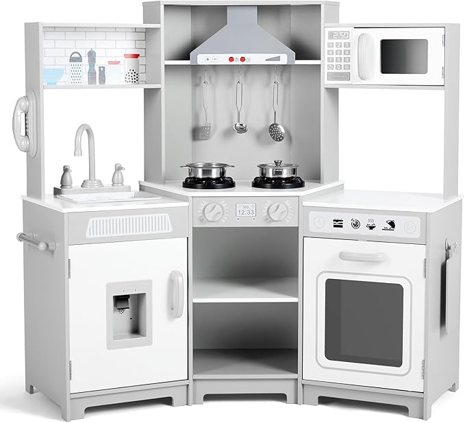 JOYLDIAS Kids Play Kitchen,Corner Wooden Pretend Toddler Kitchen Toys Playset, Realistic Lights & Sounds,Microwave Oven,Water Dispenser, Phone, Sink,Cooking Accessories, for Toddlers Ages 3+, White