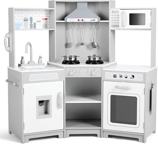 JOYLDIAS Kids Play Kitchen,Corner Wooden Pretend Toddler Kitchen Toys Playset, Realistic Lights & Sounds,Microwave Oven,Water Dispenser, Phone, Sink,Cooking Accessories, for Toddlers Ages 3+, White