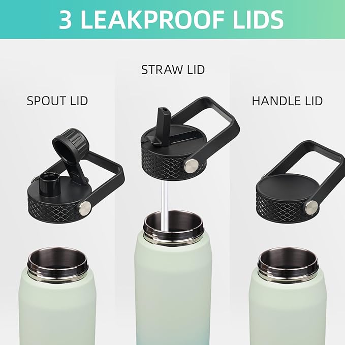 40oz Insulated Stainless Steel Water Bottle with Straw and 3 Lids, BPA-Free Sports Water Bottle,travel water bottle,Mint