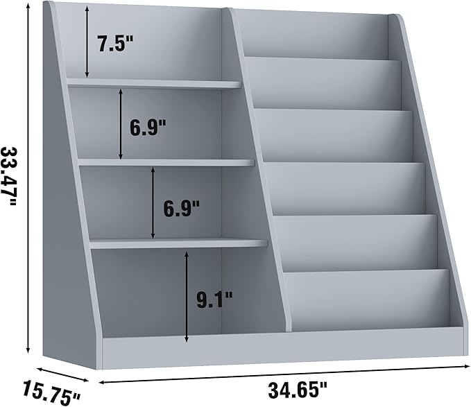 6 Tier Kids Bookshelf and Toy Storage Organizer, Child-Friendly Height & Stable Triangle Design, Toddler Book Shelf for Kids Room, Playroom, Bedroom, Classroom, Nursery, School, Grey