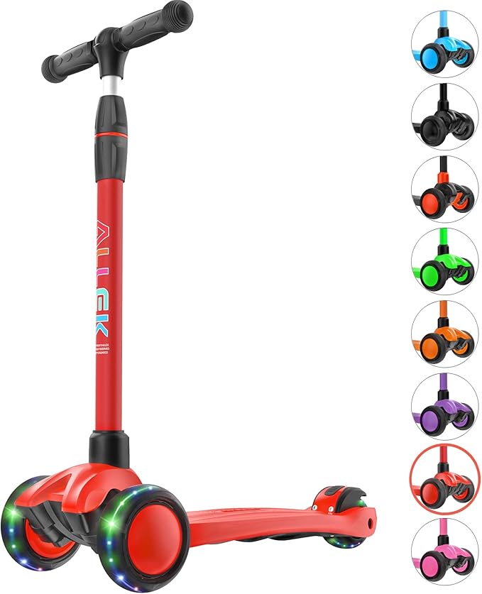 Allek Kick Scooter B03, Lean 'N Glide 3-Wheeled Push Scooter with Extra Wide PU Light-Up Wheels, Any Height Adjustable Handlebar and Strong Thick Deck for Children from 3-12yrs (Red)