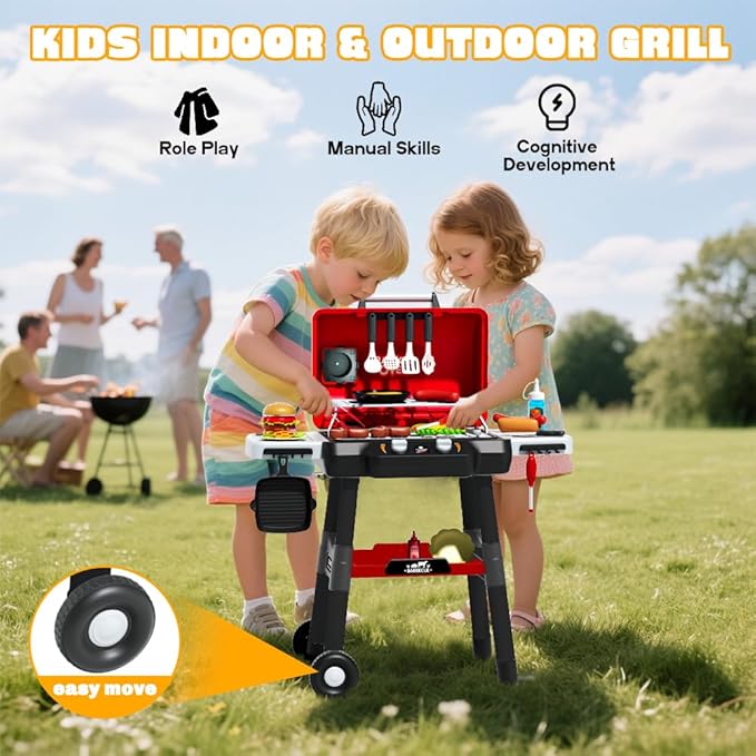 Kids BBQ Grill Playset, Kitchen Playset with Smoke Sound Light and Wheel, Movable Pretend Play Toy Grills for Kids Ages 4-8, 2-Layer Outdoor Cooking Toys for Toddlers 3-5 Birthday Gifts