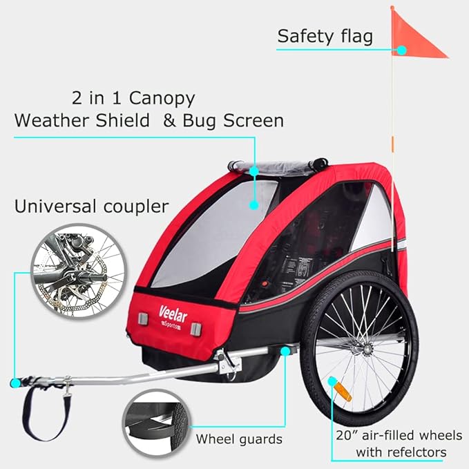 Veelar Sports Bike Trailer Double Seat for 1 or 2 Toddlers, Kids, Child Bicycle Carrier