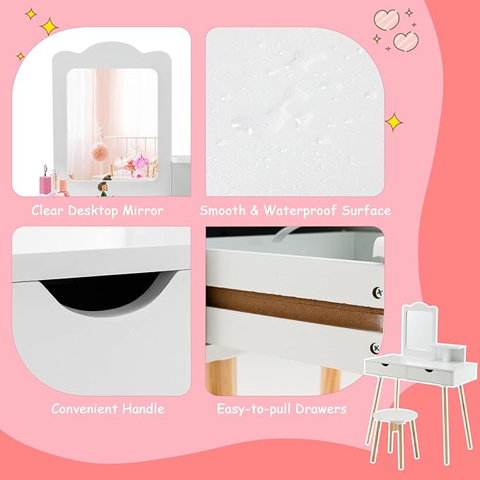 Costzon Kids Vanity Set, Girls Vanity Set with Mirror and Stool, 2 Large Drawers, Storage Shelf, Wooden Princess Makeup Dressing Table, Pretend Play Vanity Table and Chair Set for Toddlers, White