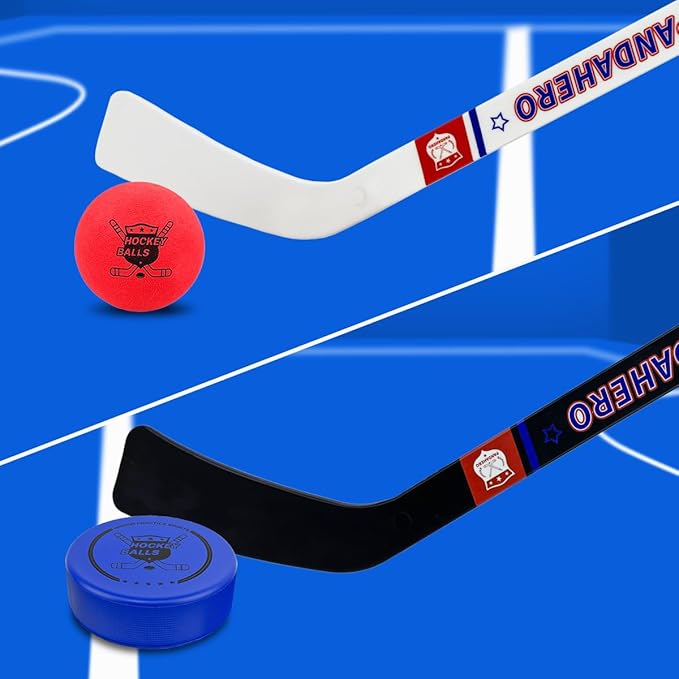 Pandahero Mini Hockey Stick Set for Kids – Indoor Floor Hockey Kit with 4 Mini Hockey Sticks & 12 Knee Hockey Balls – Soft Foam Pucks & Balls – Fun Hockey Gifts for Boys & Girls
