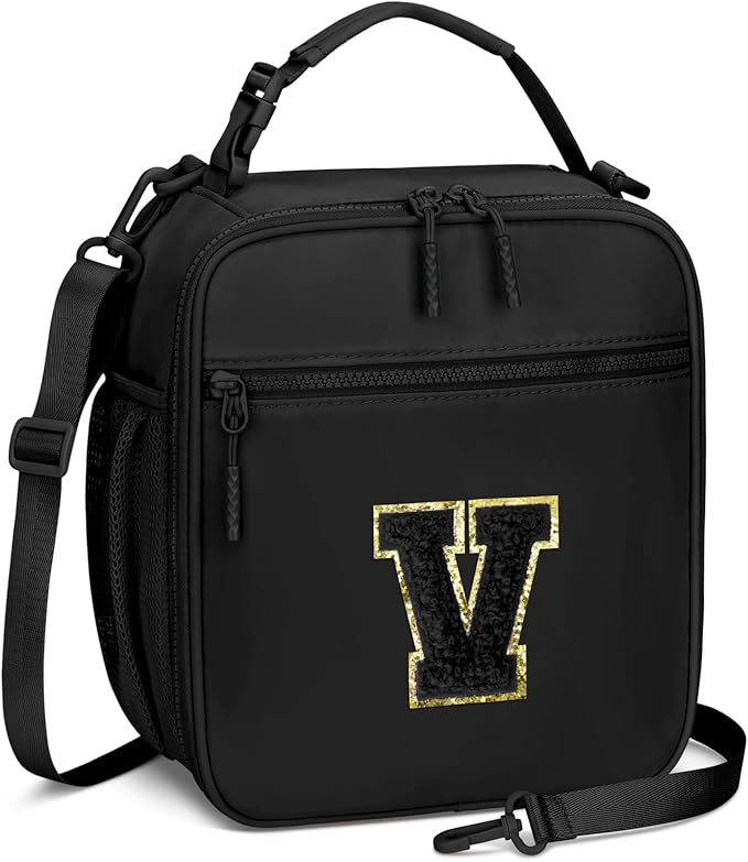 Initial Insulated Lunch Bag for Boys Kids, Back to School Gift, Reusable Leak-proof Lunch Box with Adjustable Strap for School Daycare Travel Picnic（Black，V）