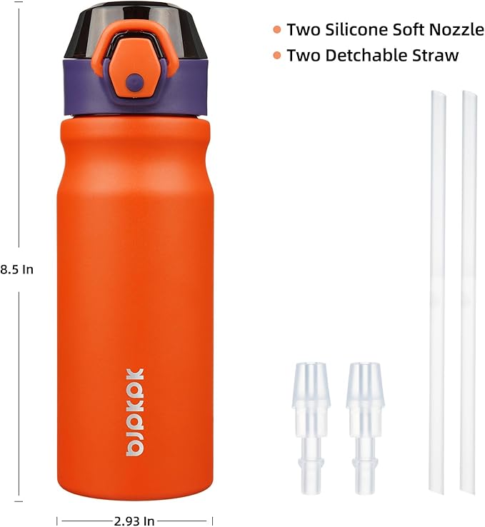BJPKPK Insulated Water Bottle 18oz Stainless Steel Water Bottles with Straw and Carry Handle Double Wall Metal Thermal Flask,Orange