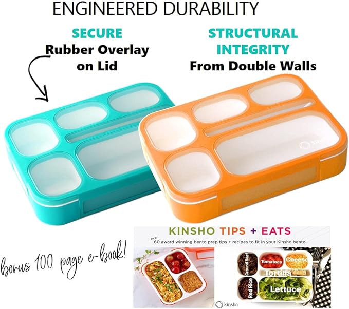 kinsho Bento Box with Lunch Bag and Ice Pack Set | Two Boxes, insulated Bags, Cold Packs for Kids Adults, Value Meal Containers for School Lunches or Snack, 6 Compartments BPA Free, Teal and Orange