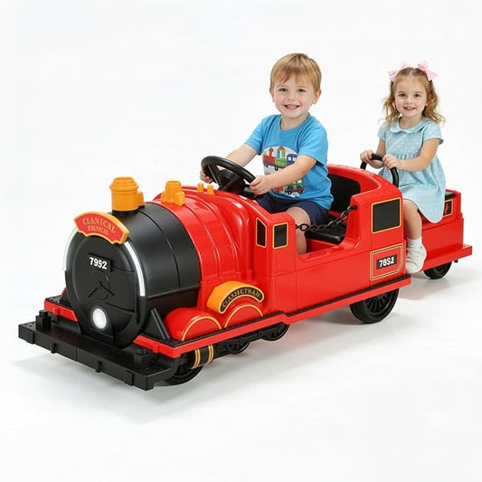 TLSUNNY Ride On Train Trackless, 12V Kids Battery Electric Train with 2-Seater，Detachable Carriage, Extra Storage, Colorful Lights & Music, Toddlers Car Toy for Boys & Girls Age 3+ (Red)