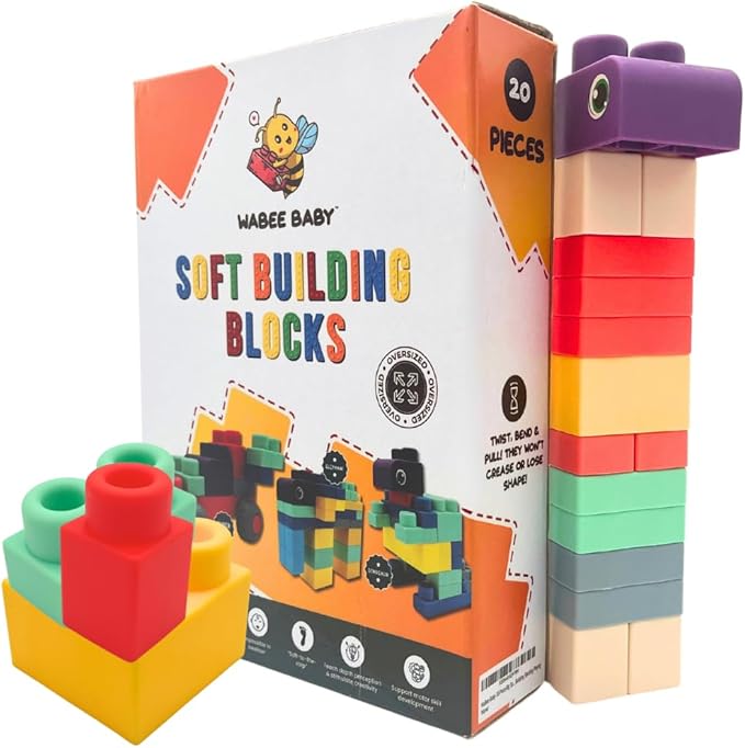 Big Soft Building Blocks for Toddlers 1-3 Year Olds - 20-Pieces Mega Blocks with Booklet for Sensory & Motor Skills - STEM Large Squishy Rubber Blocks for Babies - Montessori Stacking Baby Toys