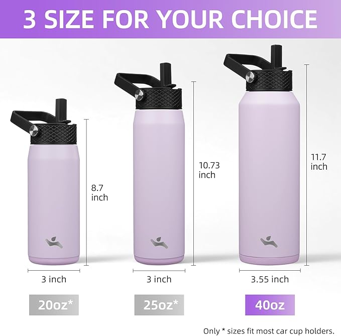 40oz Insulated Stainless Steel Water Bottle with Straw and 3 Lids, BPA-Free Sports Water Bottle,travel water bottle,Taro Purple
