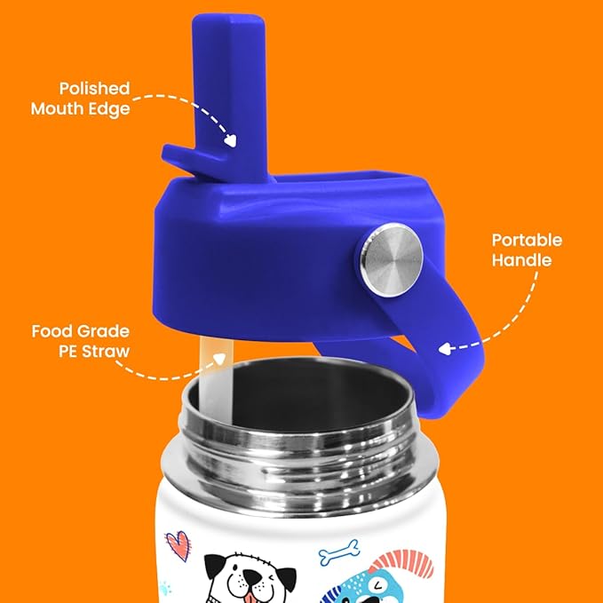 Dog Water Bottle - Kids Water Bottle with Straw Lid - 12 Oz Insulated Stainless Steel Water Bottles for Kid Boys - Travel Cup for School Sports