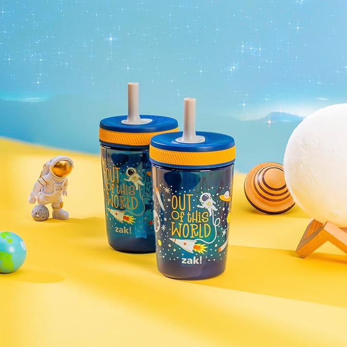 Zak Designs Kelso 15 oz Tumbler Set, (Space) Leak-Proof Screw-On Lid with Straw Made of Durable Plastic and Silicone, Perfect Cup Bundle for Kids (2pc Set)