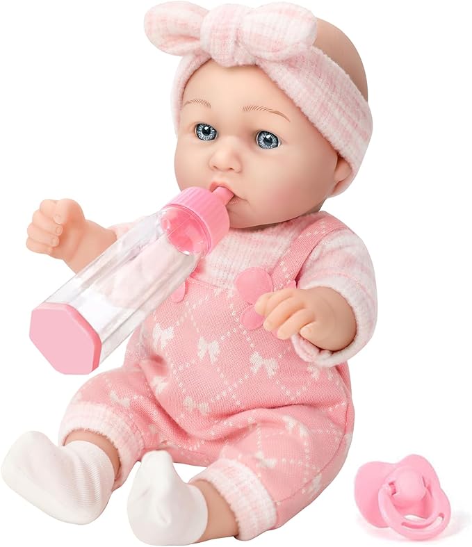 12" Baby Doll with Clothes and Accessories Set in Gift Box,12 Inch Baby Care Game Playset with Pacifier Feeding Bottle First Baby Dolls Toy Stuff Gift Idea for Toddler Girl Age 3+