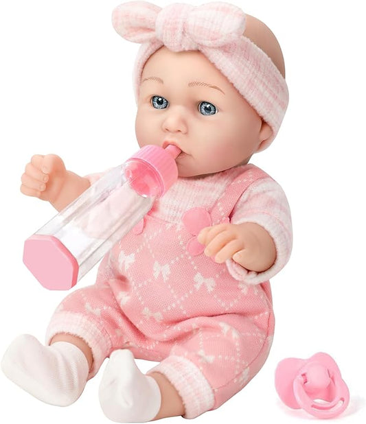 12" Baby Doll with Clothes and Accessories Set in Gift Box,12 Inch Baby Care Game Playset with Pacifier Feeding Bottle First Baby Dolls Toy Stuff Gift Idea for Toddler Girl Age 3+