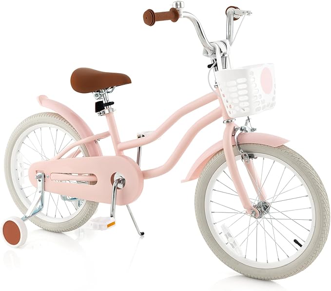COSTWAY Kids Bike, 12 14 16 18 Inch Toddler Bike Children Bicycle w/Training Wheels, Hand & Coaster Brakes, Adjustable Saddle & Handlebar, Basket, Bell, Kids Bicycle for Girls Boys Aged 3-8 Years Old