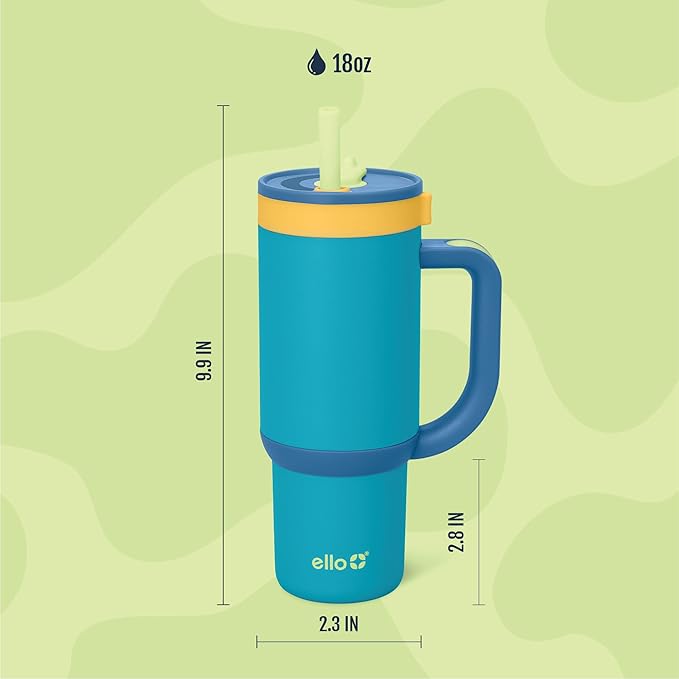 Ello Oasis 18oz Kids Tumbler with Handle & Retracting Straw, 100% Leakproof Reusable Insulated Stainless Steel Cup, Gifts for Teens Girls Boys, Keeps cold for 18 Hours, Cup Holder Friendly, Glacier