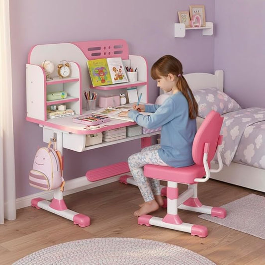 Kids Ergonomic Desk and Chair Set, Height Adjustable School Study Table with Bookshelf, Drawer and Spine Support Backrest, Kids Desk and Chair for Bedroom&Study Room (Pink B)