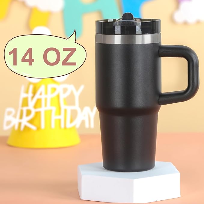 Cosictic 14 Oz Flip Straw Tumbler with Handle for Kids, Stainless Steel Double Wall Insulated Cup for Children with Flip Top Lid, 14 Oz Leak-proof Cups for Kids,Black