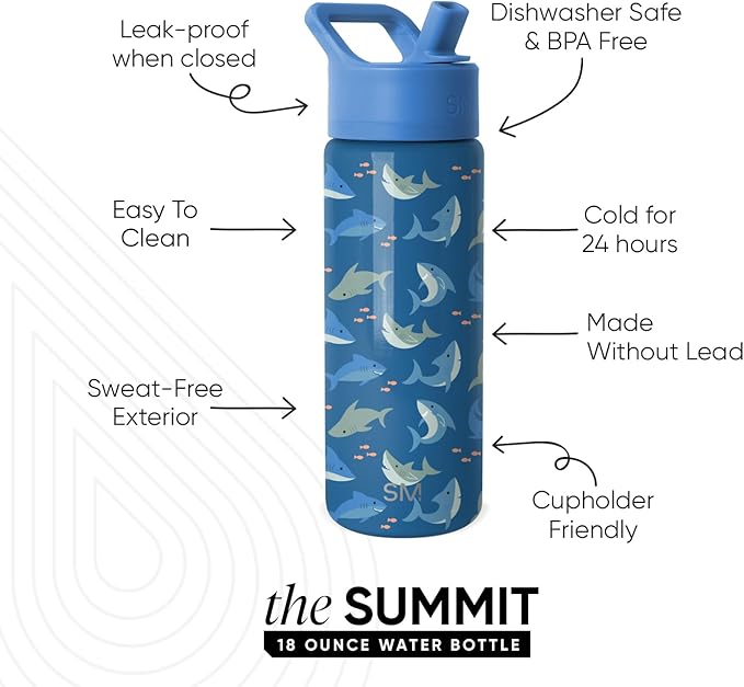 Simple Modern Kids Summit Water Bottle with Straw Lid | 18oz Stainless Steel Cup Insulated Tumbler for Toddlers, School | Shark Shiver