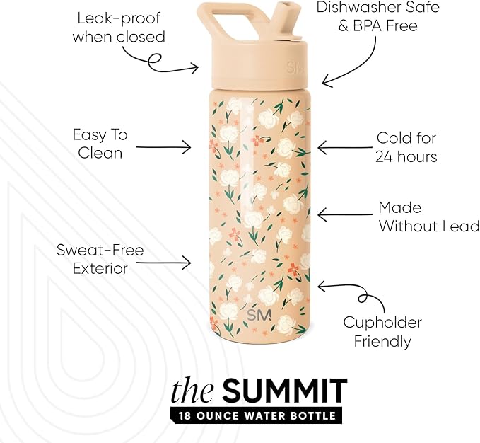 Simple Modern Kids Summit Water Bottle with Straw Lid | 18oz Stainless Steel Cup Insulated Tumbler for Toddlers, School | Chloe Floral