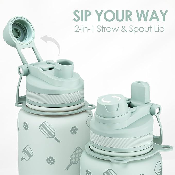 SANDJEST Pickleball Stainless Steel Water Bottle with Strap 32oz, Insulated Bottles with Straw and Spout Lid for Gym Sports Travel Outdoor, Gifts for Women Girls Birthday Christmas