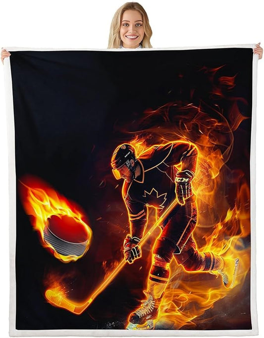 Ice Hockey Fleece Throw Blanket Fire Player Sherpa for Kids Girls Teens Boys Sports Event Plush Winter Sports Hobby Fuzzy for Sofa Bed Couch Decor Baby 30x40 Inch