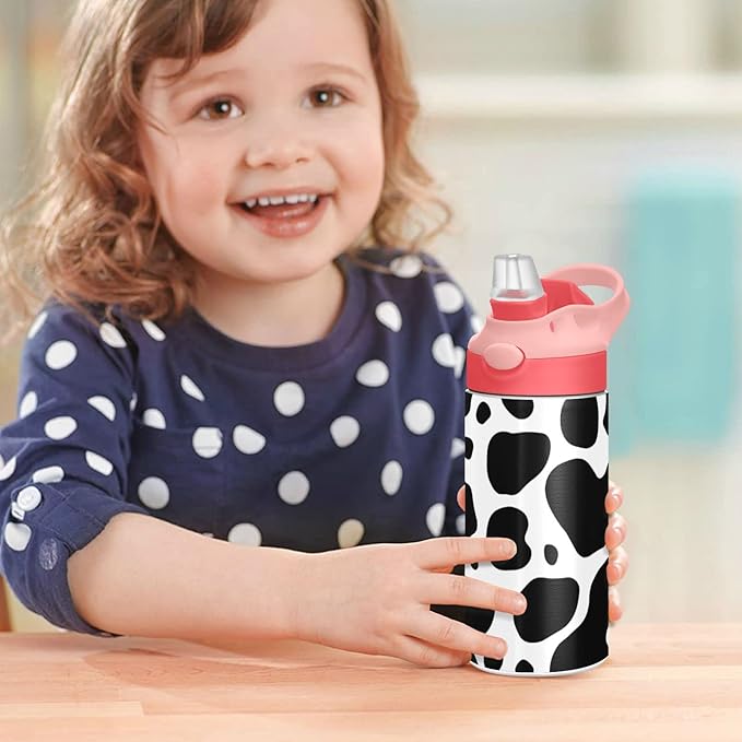 Kigai Black & White Cow Print Kids Water Bottle with Straw Lid, Vacuum Insulated Stainless Steel Double Walled Leakproof Tumbler Travel Cup for Girls Boys Toddlers, 12 oz
