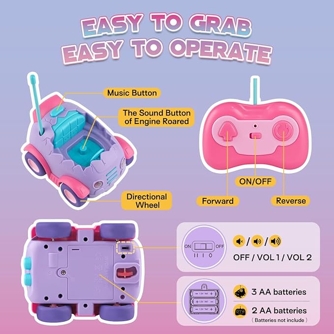 Nueplay Remote Control Car for Toddler Age 2 3 4 5, Electric RC Toys with Light & Music, Toddler Toys, Race Vehicles, Horse Figures Truck, Christmas Birthday Gift for Baby Girls, Purple