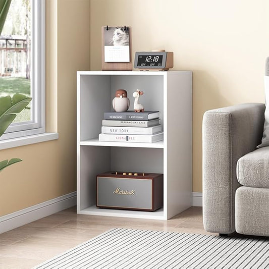 Basic Open Shelf Bookcase - 2-Tier Small Tiny Wooden Cube Storage Shelves Split Bookshelf, White