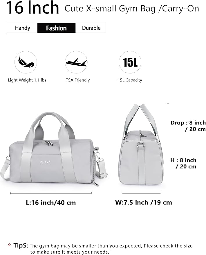 Compact Sports Gym Bag for Women and Men, Cute Mini Duffle Bag with Wet Pocket & Shoes Compartment, Personal Item Travel Workout Bag, 16"-Small, Grey