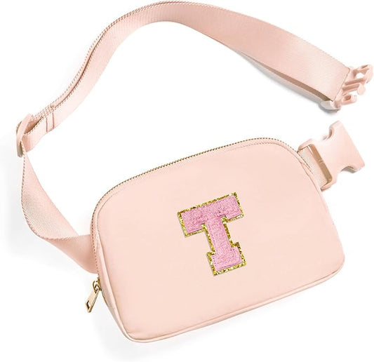 Gitus 6 7 8 9 10 Year Old Girl Gifts Belt Bag Fanny Pack Crossbody Bags with Initial Letter Patch Things for Teen Girls Easter Gifts for Girls Travel Essentials（Coral Pink-T）