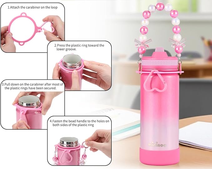 Mininoo Kids Water Bottle for School - 16 oz Stainless Steel Insulated Water Bottle with Ceramic-Lined, Leakproof Straw Lid & Beaded Handle for Girls & Boys