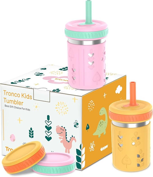 Tronco [2 Pack] 10 oz 2-in-1 Stainless Steel Kids Tumbler Cups with Silicone Sleeves, Spill-Resistant Flexible Straws & Storage Lids, BPA-Free Smoothie and Snack Cups, Dishwasher Safe