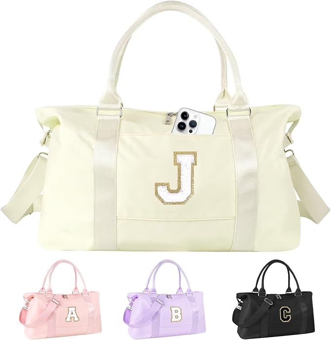 Dance Gym Duffel Bag for Teen Girls, Personalized Initial Travel Weekender Bag,Cute Overnight Carry On Duffle for Women,Sports Travel Cheer Bag,Monogram Christmas Gifts for Tween Preppy(beige-J)